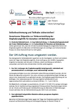 Selbstbestimmung und Teilhabe sicherstellen! - Gemeinsame Eckpunkte zur Weiterentwicklung der Eingliederungshilfe für Menschen mit Behinderungen