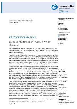 Corona-Prämie für Pflegende weiter denken!