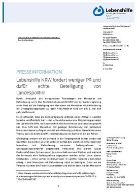 Lebenshilfe NRW fordert weniger PR und dafür echte Beteiligung von Landespolitik!