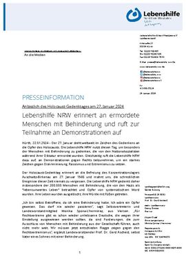 Lebenshilfe NRW erinnert an ermordete Menschen mit Behinderung und ruft zur Teilnahme an Demonstrationen auf