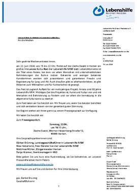 Einladung zum Pressegespräch - Inklusives Kulturfest Lebenshilf NRW