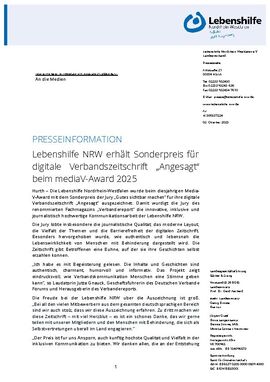 Lebenshilfe NRW erhält Sonderpreis für digitale Verbandszeitschrift „Angesagt“ beim mediaV-Award 2025